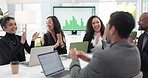 Business people, meeting and brainstorming with applause, laptop and partnership with finance report, graphs and cooperation. Clapping, teamwork or group with a pc, budget and economy with investment