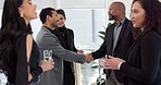 Business people, handshake and meeting for b2b, partnership or introduction together at office. Businessman shaking hands with employee for teamwork, collaboration or agreement in deal at workplace