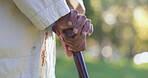 Senior person, outdoor and hands on walking stick and support for balance in garden, park or woods. Elderly, woman and closeup on physical therapy, exercise or walk in retirement with help of wood 