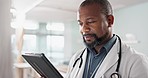 Healthcare, black man and doctor with a tablet, digital app or connection with online results, internet or network. Person, employee or medical professional with technology, website info or research