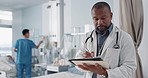 Internet, black man or doctor with a tablet, typing or connection with online results, healthcare or website information. African person, worker or medical professional with tech, surgeon or research