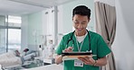 Hospital, Asian man and doctor with a tablet, smile or connection with online results, research or internet. Person, employee or medical professional with technology, healthcare or typing in a clinic