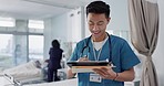 Hospital, Asian man or doctor with a tablet, thinking or connection with research, digital app or healthcare. Person, employee or medical professional with technology, internet or website information