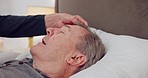 Man, sick and bed in home with care from spouse for health, wellness and treatment with support. Elderly, person or grandfather with face in recovery from surgery, injury or rehabilitation in space