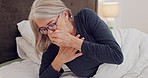 Senior woman coughing for chest pain, flu or sickness in her modern retirement home in morning. Medical, recovery and elderly female patient resting with cold or sickness in her bedroom in a house.