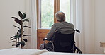 Elderly man, retirement and looking out window with disability in sadness, lonely and thinking of life. Old person, wheelchair and pain of arthritis with frustrated alone and isolated in nursing home