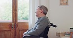 Elderly man, retirement and thinking with disability in sadness, lonely and mental health. Caucasian, senior person and wheelchair with arthritis in frustration, depression and alone in nursing home 