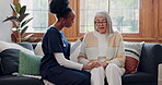 Mature, sad woman or caregiver with empathy or results in consultation for bad news or cancer disease. Stress, depression or nurse with a crying senior patient for support, sympathy or help in home