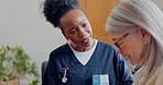 Female nurse, senior woman and counselling for sickness, diagnosis and support for health issues, medical and helping. Patient, depressed and stressed about illness, cancer and healthcare results