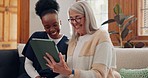 Senior, woman and nurse with tablet for consulting, medical information and communication with laughing. Elderly, professional and caregiver with touchscreen for online report, advisory and results 