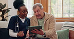 Elderly, man and nurse with tablet for consulting, medical information and communication with lens flare. Senior, professional and caregiver with touchscreen for online report, advisory and results