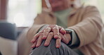 Senior man, hands and stress in therapy, counseling or talking about depression, anxiety or crisis in retirement. Elderly, mental health and closeup on soothing gesture in conversation with therapist