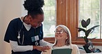 Smile, tablet or nurse consulting an old woman for medical report results or healthcare diagnosis. Happy, good news or caregiver in nursing home helping, talking or speaking to a healthy elderly lady