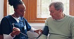 Doctor, woman or blood pressure of patient in home for medical after surgery, recovery or rehabilitation. Diversity, people or elderly care in hospital, facility or clinic with results for health