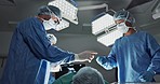Doctors, team or scissors for surgery in theater with medical support, healthcare or operation at hospital. Surgeon, medicine and teamwork or collaboration with tools for cardiology or emergency help