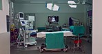 Empty hospital, medical and operation room for emergency service, healing patient and interior. Healthcare backgrounds, surgery theatre and bed with machine tools for wellness, medicine and treatment