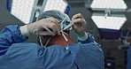 Surgery, hospital and doctor tie mask in operating room for medical service, preparation and operation. Healthcare, safety clothing and person with uniform for emergency, procedure and wellness