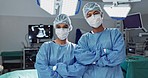 Team, doctor and arms crossed with mask of professional in ICU for surgery, healthcare or procedure at hospital. Medical surgeon people in confidence, expert or teamwork for emergency care at clinic