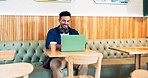 Happy, man and remote work in coffee shop with laptop and SEO, research or writing project online with communication. Businessman, working and smile in restaurant with computer, internet and espresso