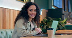 Laptop, restaurant smile and face of woman typing copywriting research, coffee shop review or study project. Customer, remote work portrait or freelance writer working on cafe article, report or blog