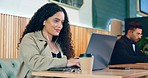 Laptop, music earphones and coffee shop woman listening, reading and search radio network, audio or podcast video. Customer, remote work and freelance person streaming song, media and working in cafe