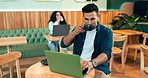 Laptop, coffee shop drink and happy man typing, reading or check online report, website or relax with morning beverage. Customer, matcha tea cup and freelancer article, review and remote work on blog