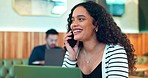 Woman, phone call and coffee shop for remote work, communication and planning, talking or marketing feedback. Happy freelancer with mobile conversation and laptop at cafe or restaurant for internet