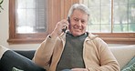 Mature, man and smartphone on call in house with retirement, vacation or holiday for relax, wellness or self care. Elderly, person or grandfather on mobile, listening and happy with talk with family
