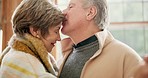 Mature, man and woman with dance, kiss and living room for quality time for bond, together or romance. Elderly couple, married or retired with love, happiness and embrace on vacation, holiday or trip