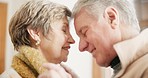 Senior couple, dancing together with smile, love and enjoying retirement for love, happiness and embrace. Holding hands, home and romantic relationship with intimate connection, marriage and care