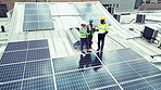 Engineering, team or aerial view with solar panel outdoor for construction, design and inspection. Photovoltaic, people or planning or blueprint with discussion, conversation or collaboration on roof