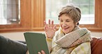 Home, video call and elderly woman with a tablet, internet or wave with lens flare, connection or website info. Mature person, happy pensioner or senior lady on a couch, technology or online chatting