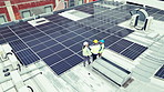 Engineering, team or aerial view with photovoltaic outdoor for construction, design and inspection. Solar panel, people or planning or blueprint with discussion, conversation or collaboration on roof