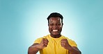 Studio, excited or happy black man celebration, smile and happiness for success, giveaway or lotto news. Winner achievement, energy or African person cheers for winning competition on blue background