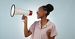 Sale, profile or black woman with megaphone for news, opinion or announcement on white background. Speech, smile or African lady talking on loudspeaker for voice, speaking or attention in studio