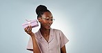 Shake box, guess or face of person in studio isolated on a blue background with product. Happy, curious or black woman with present for party, celebration of holiday or birthday package for giveaway