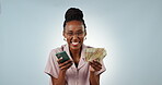 Phone, winner or excited black woman with cash, income and happy with profit, salary or finance goal. Financial freedom, studio or African person with mobile, success or Euros on white background