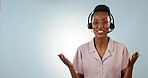 Customer support, talking and happy black woman gesture at telemarketing news, call center info or telecom service. Studio portrait, mockup space and sales consultant presentation on blue background