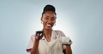 Waitress, black woman and pos machine for coffee payment, finance or bank tech. Portrait, happy and barista with drink at point of sale service in cafe isolated in studio on a blue background mockup