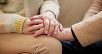 Closeup, elderly and hands by holding, together and romance for love in relationship. Married couple, embrace or quality time, wellness or care with kindness on retirement, retreat or vacation



