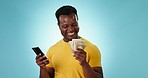 Happy black man, phone and money in financial freedom, investment or savings against a studio background. African male person smile with mobile smartphone for cash flow, bank app or salary increase