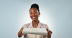 Black woman, worker and food in pizza box with smile for breakfast, lunch or dinner in studio on white background. Person, employee and portrait with fastfood at restaurant, cafe or store on mock up