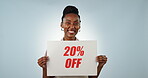 Face of business owner, discount poster or waitress in studio on blue background for 20 percent off. Advertising offer, barista or happy black woman with a sale sign on card for cafe promo marketing 
