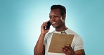 Phone call, documents and membership with a black man personal trainer in studio on a blue background. Fitness, smile and clipboard for sign up with a happy young gym couch talking on his mobile