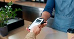 Customer, pos machine and phone for payment, coffee or tap transaction in checkout at cafe. Closeup of person, hands and paying with smartphone for cappuccino, tea or beverage at cafeteria restaurant