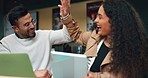 Cafe celebration, laptop and happy people high five for achievement, project development and restaurant success. news. Teamwork, remote work partner and excited team celebrate small business report