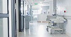 Hospital, healthcare and medical with an empty corridor for wellness, care or treatment and disease control. Medicine, service and hallway of a lobby in a clinic for rehabilitation or recovery