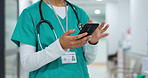 Hands, phone and communication with a nurse scrolling in a hospital closeup for research or networking. Medical, mobile and information with a medicine professional reading a text message in a clinic