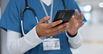 Hands, phone and healthcare with a nurse scrolling in a hospital closeup for research or networking. Medical, communication and information with a medicine professional reading a text in a clinic