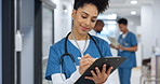 Woman doctor, documents and writing in medical checklist, medical charts and hospital notes or clinic service. Healthcare worker or happy nurse with clipboard, paperwork and schedule update or report